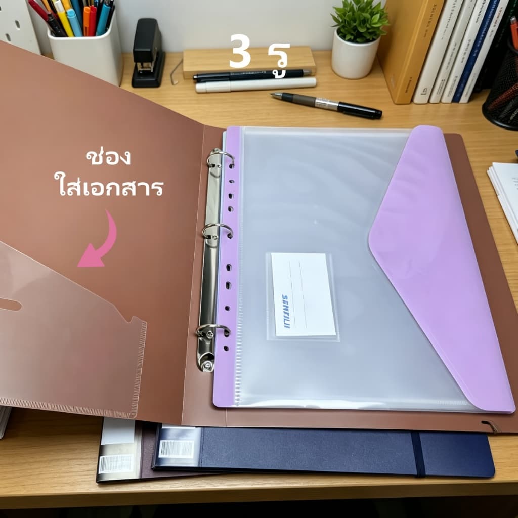 แฟ้มห่วง 3 รู/5 รู F4 จุเยอะ กันน้ำ สีพาสเทล พร้อมช่องใส่เอกสารในตัว อุปกรณ์การเรียน อุปกรณ์ออฟฟิศ รูปที่ 6