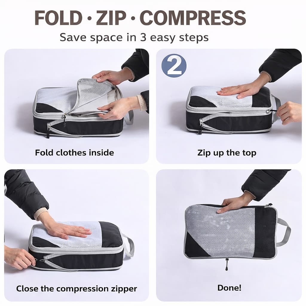 กระเป๋าจัดระเบียบเดินทาง แบบบีบอัด ประหยัดพื้นที่ | Packing Cubes 9 ชิ้น | ส่งจากไทย รูปที่ 3