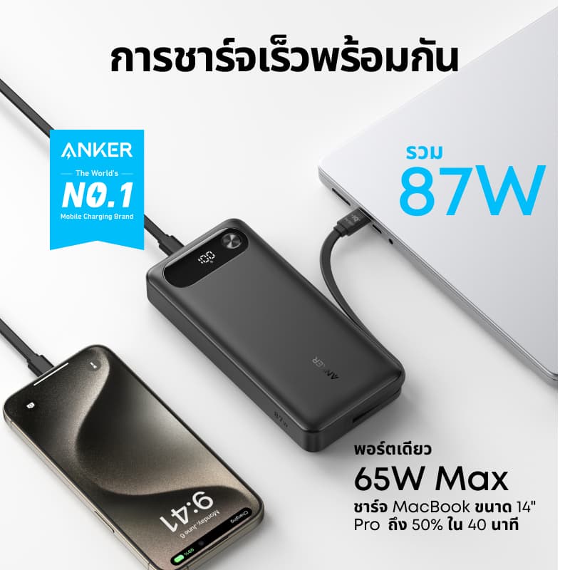 ANKER Power Bank 20,000mAh Travel Essential Portable Charger พร้อมสาย USB-C ในตัว, 3 พอร์ต 87W Max Fast Charging Battery Pack รูปที่ 2
