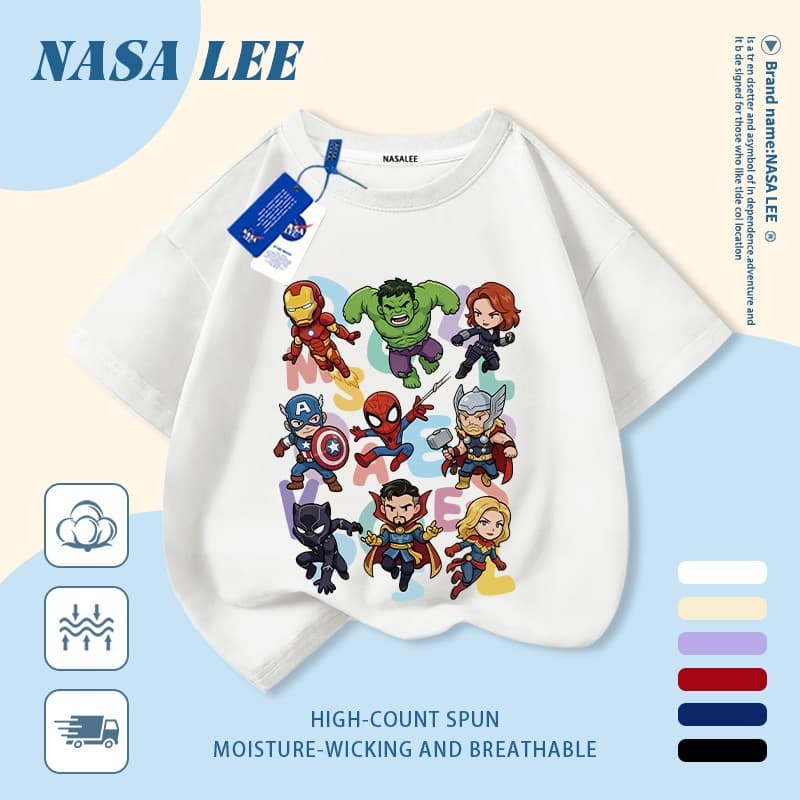 เสื้อแขนสั้นผ้าฝ้ายแท้สีขาวสำหรับเด็ก ลาย NASA ซูเปอร์ฮีโร่และมอนสเตอร์ สุดเท่ ระบายอากาศดี เหมาะสำหรับเด็กอายุ 3-16 ปี ทั้งชายและหญิง สไตล์ลำลอง รูปที่ 1