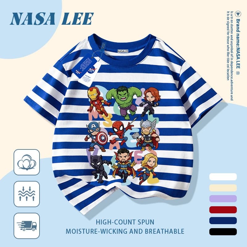 เสื้อแขนสั้นผ้าฝ้ายแท้สีขาวสำหรับเด็ก ลาย NASA ซูเปอร์ฮีโร่และมอนสเตอร์ สุดเท่ ระบายอากาศดี เหมาะสำหรับเด็กอายุ 3-16 ปี ทั้งชายและหญิง สไตล์ลำลอง รูปที่ 7
