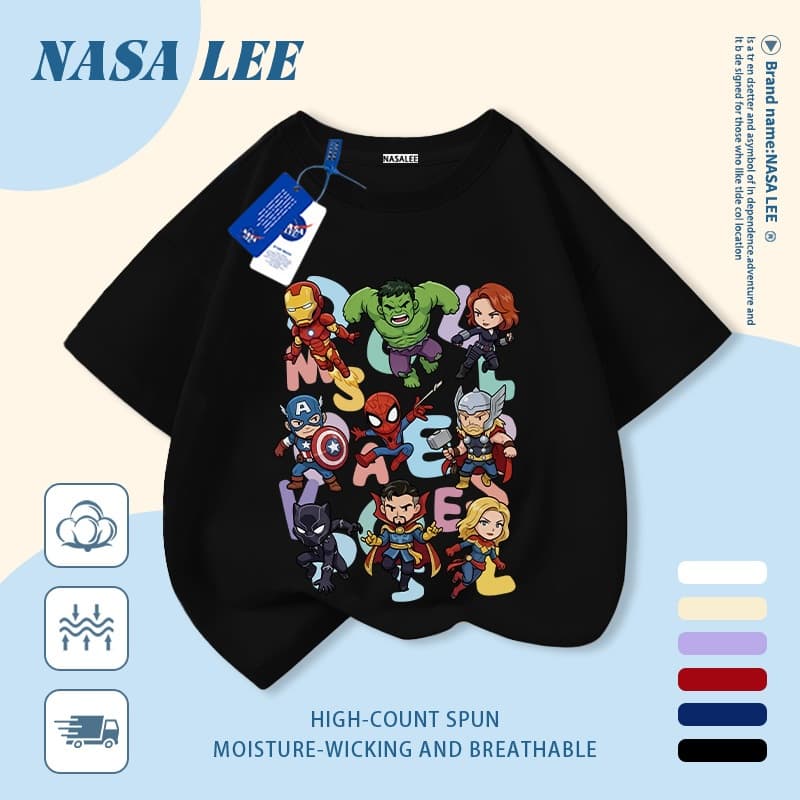 เสื้อแขนสั้นผ้าฝ้ายแท้สีขาวสำหรับเด็ก ลาย NASA ซูเปอร์ฮีโร่และมอนสเตอร์ สุดเท่ ระบายอากาศดี เหมาะสำหรับเด็กอายุ 3-16 ปี ทั้งชายและหญิง สไตล์ลำลอง รูปที่ 4