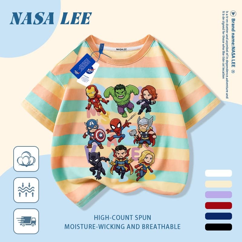 เสื้อแขนสั้นผ้าฝ้ายแท้สีขาวสำหรับเด็ก ลาย NASA ซูเปอร์ฮีโร่และมอนสเตอร์ สุดเท่ ระบายอากาศดี เหมาะสำหรับเด็กอายุ 3-16 ปี ทั้งชายและหญิง สไตล์ลำลอง รูปที่ 6