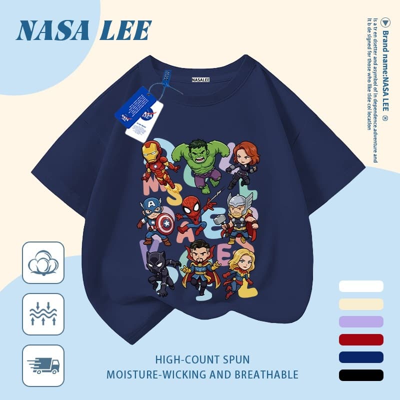 เสื้อแขนสั้นผ้าฝ้ายแท้สีขาวสำหรับเด็ก ลาย NASA ซูเปอร์ฮีโร่และมอนสเตอร์ สุดเท่ ระบายอากาศดี เหมาะสำหรับเด็กอายุ 3-16 ปี ทั้งชายและหญิง สไตล์ลำลอง รูปที่ 2