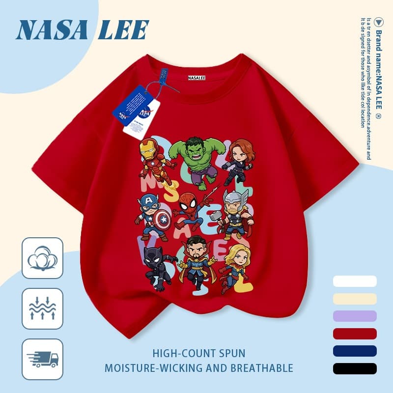 เสื้อแขนสั้นผ้าฝ้ายแท้สีขาวสำหรับเด็ก ลาย NASA ซูเปอร์ฮีโร่และมอนสเตอร์ สุดเท่ ระบายอากาศดี เหมาะสำหรับเด็กอายุ 3-16 ปี ทั้งชายและหญิง สไตล์ลำลอง รูปที่ 5
