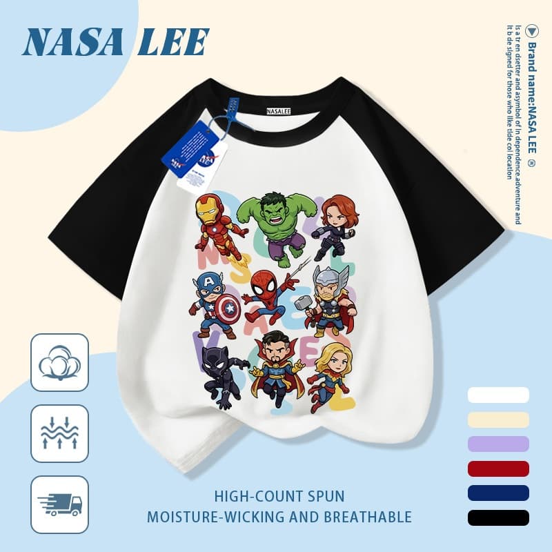 เสื้อแขนสั้นผ้าฝ้ายแท้สีขาวสำหรับเด็ก ลาย NASA ซูเปอร์ฮีโร่และมอนสเตอร์ สุดเท่ ระบายอากาศดี เหมาะสำหรับเด็กอายุ 3-16 ปี ทั้งชายและหญิง สไตล์ลำลอง รูปที่ 3