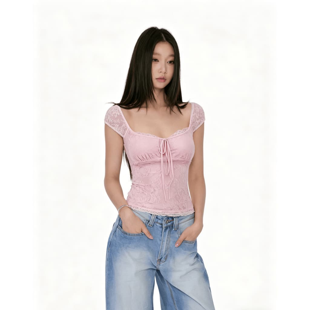 Hotpink ส่งจาก Bangkokเสื้อยืดแขนสั้นผู้หญิงคอเหลี่ยมผูกเชือก ดีไซน์เว้าช่วงเอว เข้ารูป ตกแต่งด้วยลูกไม้ปะติดปะต่อ เหมาะสำหรับฤดูร้อน รูปที่ 4