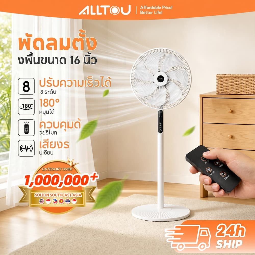 ALLTOU พัดลมตั้งพื้น 16 นิ้ว 8 ระดับ ปรับแรงลมได้ เงียบ 7 ใบพัด พร้อมตั้งเวลา รูปที่ 1