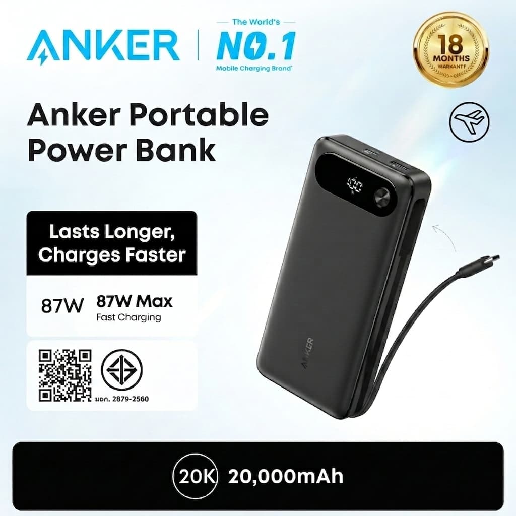 ANKER Power Bank 20,000mAh Travel Essential Portable Charger พร้อมสาย USB-C ในตัว, 3 พอร์ต 87W Max Fast Charging Battery Pack รูปที่ 7