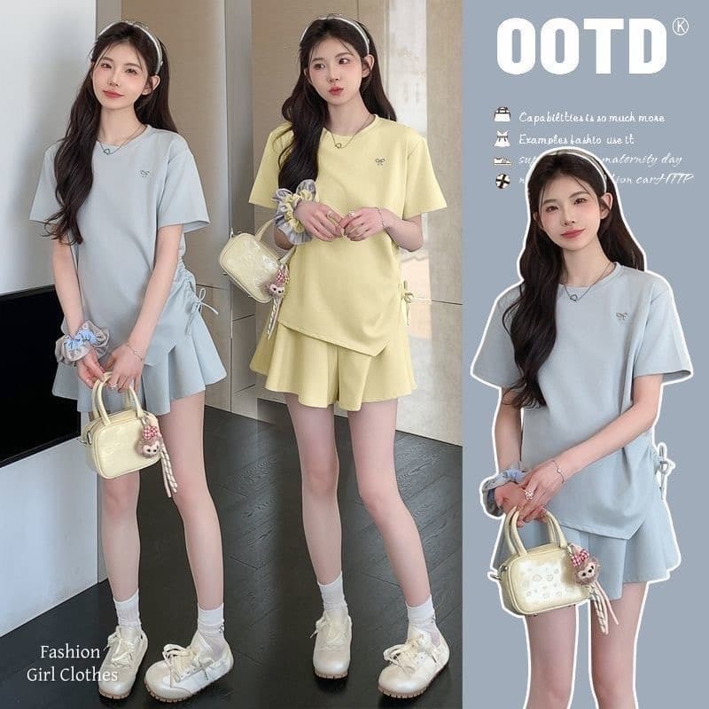 ชุดคลุมท้องฤดูร้อนแฟชั่นสไตล์ตะวันตกคลอดบุตรชุดสองชิ้น เชือกรูด สูงสุด + กระโปรงกางเกง