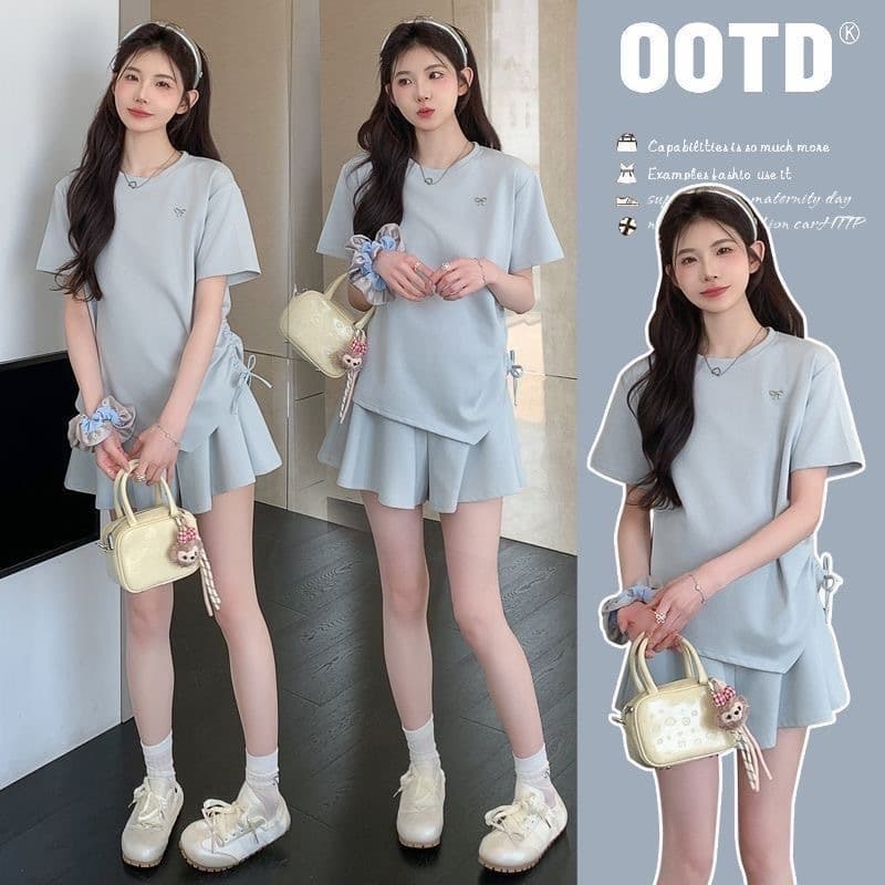 ชุดคลุมท้องฤดูร้อนแฟชั่นสไตล์ตะวันตกคลอดบุตรชุดสองชิ้น เชือกรูด สูงสุด + กระโปรงกางเกง รูปที่ 2