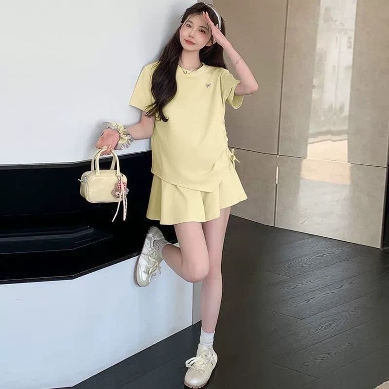 ชุดคลุมท้องฤดูร้อนแฟชั่นสไตล์ตะวันตกคลอดบุตรชุดสองชิ้น เชือกรูด สูงสุด + กระโปรงกางเกง รูปที่ 3