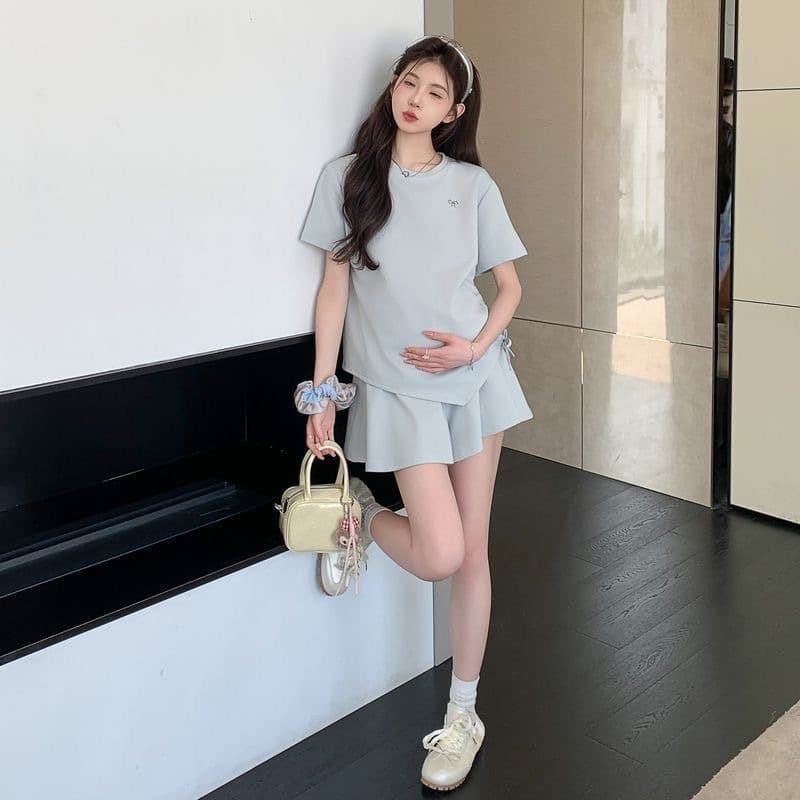 ชุดคลุมท้องฤดูร้อนแฟชั่นสไตล์ตะวันตกคลอดบุตรชุดสองชิ้น เชือกรูด สูงสุด + กระโปรงกางเกง รูปที่ 4