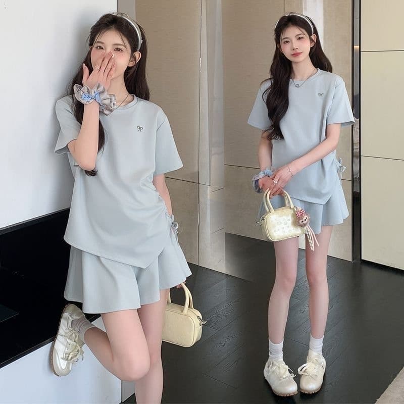 ชุดคลุมท้องฤดูร้อนแฟชั่นสไตล์ตะวันตกคลอดบุตรชุดสองชิ้น เชือกรูด สูงสุด + กระโปรงกางเกง รูปที่ 5