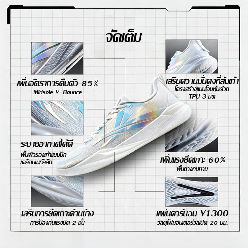 Volanti 911 Rocket Air รองเท้าบาสเก็ตบอล กันลื่น กันสะเทือน พื้นคาร์บอน V1300 ชุบเคลือบไฟฟ้าแบบอัปเกรด รูปที่ 8
