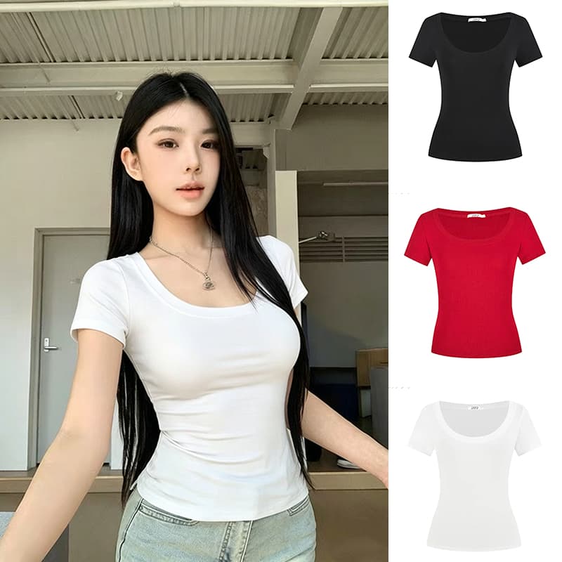 ReinaQueen เสื้อยูนีคอทีเชิ้ตเข้ารูป ผ้าไมโครไฟเบอร์USA นุ่มละมุน สไตล์หวานใสเซ็กซี่ เข้ารูปโชว์หุ่น สาวตัวเล็กดูสูง ฮิตติดเทรนด์ รูปที่ 1
