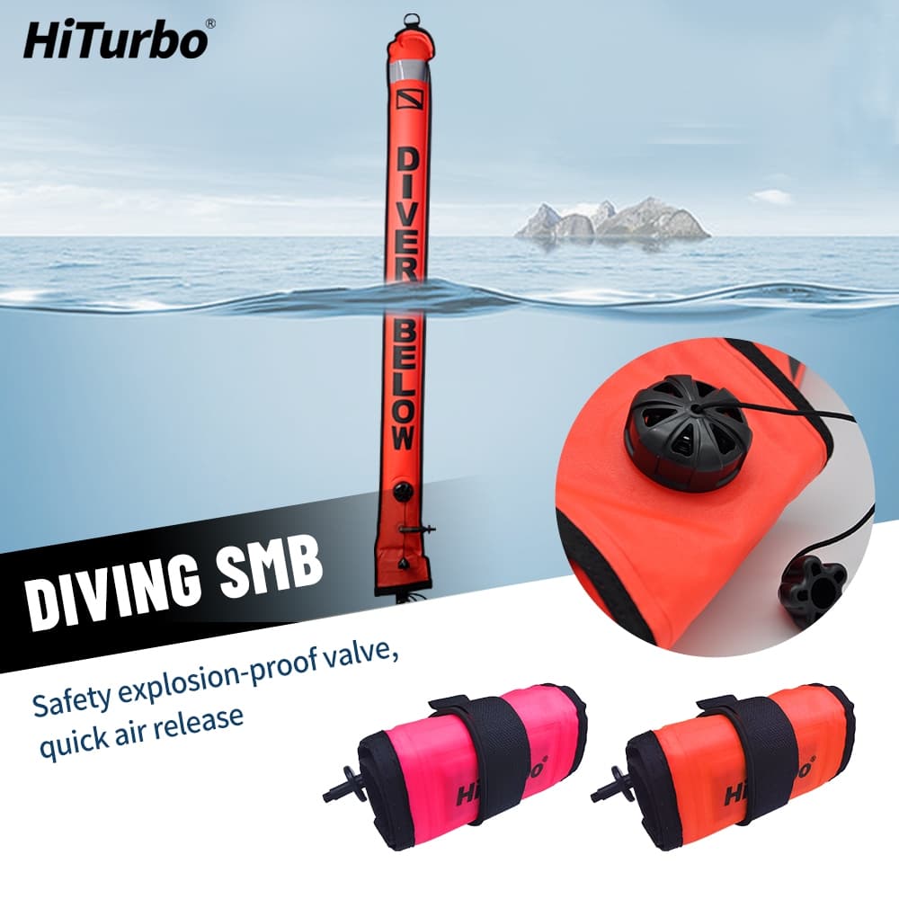 Hiturbo SMB ดำน้ำ ลูกฟูกสัญญาณดำน้ำ surface marker buoy SMB สะท้อนแสง การมองเห็นสูงพับได้แบบพกพาความปลอดภัยสัญญาณลอยทุ่นสําหรับดําน้ําฟรีSMB 1.5m/1m อุปกรณ์ความปลอดภัยดำน้ำ รูปที่ 1