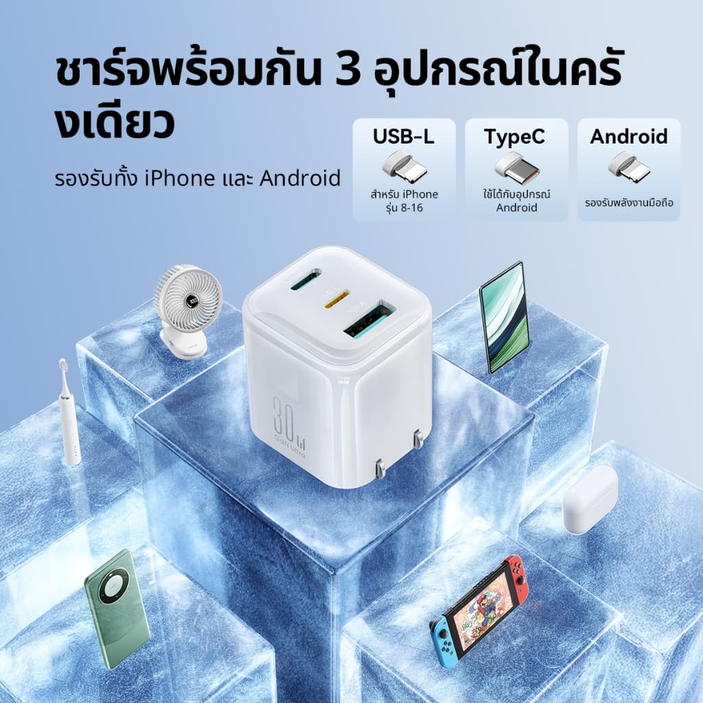 Joyroom 30W GaN USB C Fast Charger เครื่องชาร์จขนาดเล็กพร้อมพอร์ต USB C และ USB L และ USB A 3 รูปที่ 7