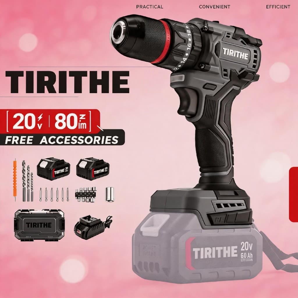 สว่านไร้สายแบบไร้แปรง 13MM เครื่องมือระดับโปร พร้อมแบตเตอรี่ 2 ก้อน – TIRITHE Professional Cordless Drill รูปที่ 1