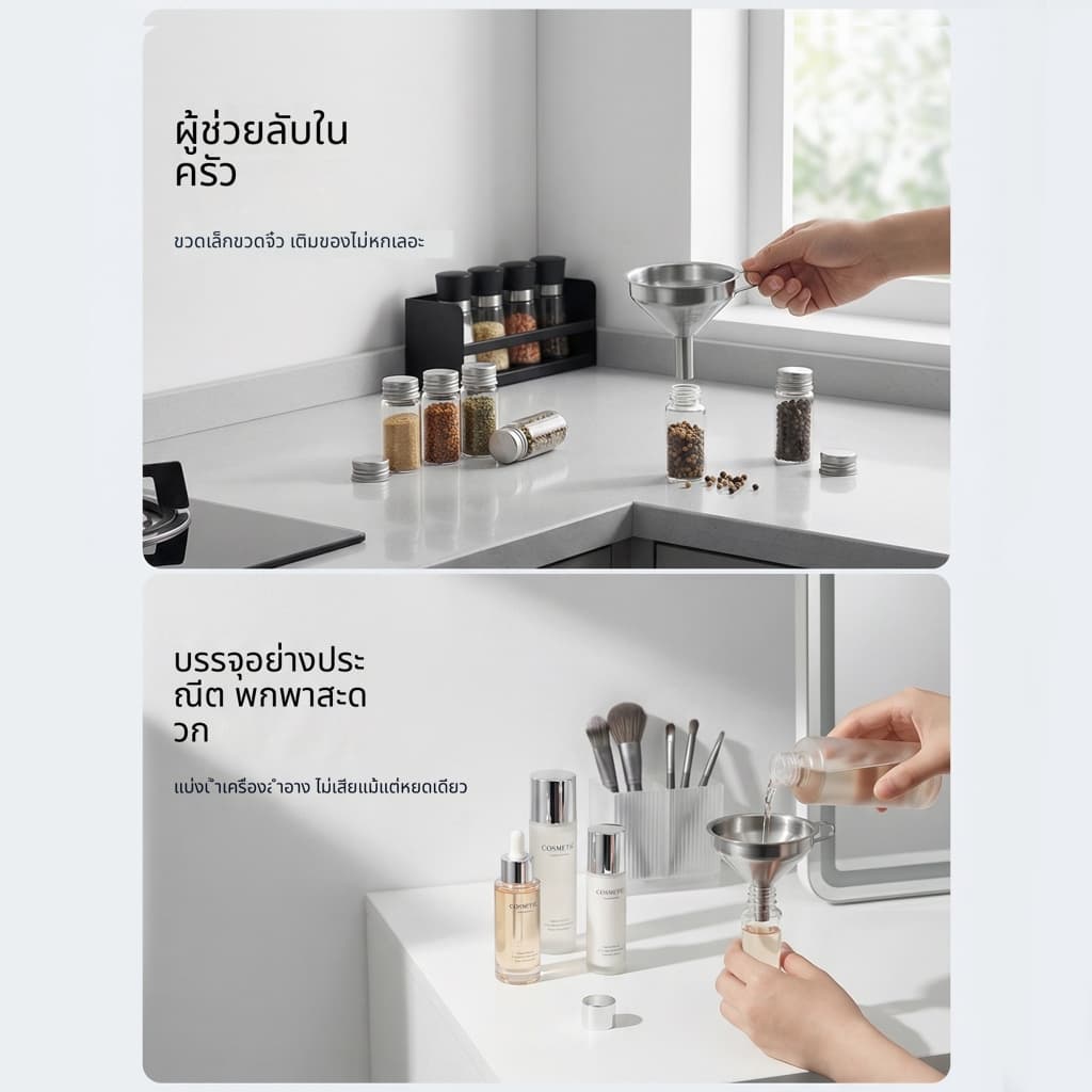 กรวยสแตนเลส ขนาดเล็ก 4.7/5.7/7.8 ซม. พร้อมหูจับ เกรดอาหาร ไม่ขึ้นสนิม ทนทาน ใช้เทน้ำมัน เหล้า น้ำเชื่อม ของเหลวขวดเล็ก ทำความสะอาดง่าย แข็งแรง ใช้ในครัวบ้าน ร้านอาหาร ร้านกาแฟ มีขนาดให้เลือกครบ รูปที่ 3
