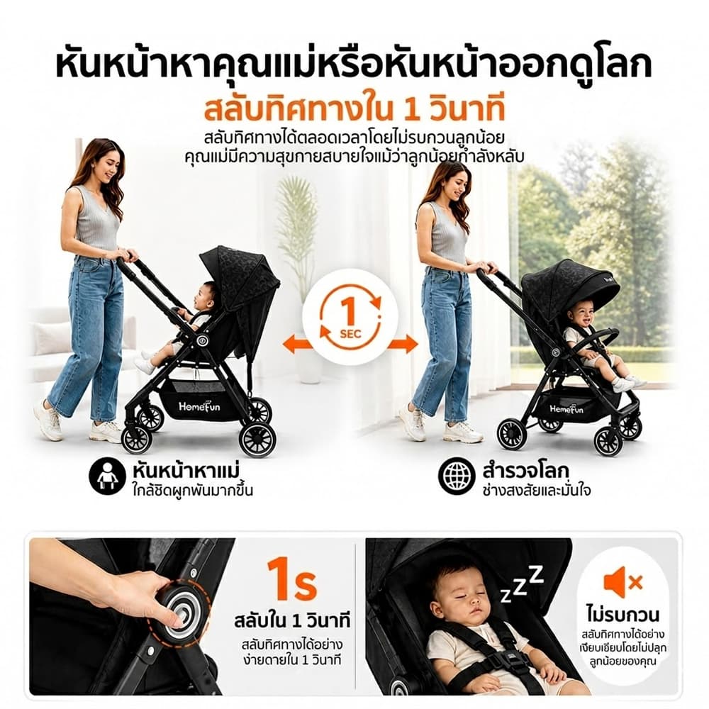HOMEFUN รถเข็นเด็ก รถเข็นเด็กพับได้ รถเข็นเด็กน้ำหนักเบา 4.9kg ปรับนอนได้ เข็นได้ 2 ทิศทาง สำหรับเด็ก 0-6 ปี รถเข็นเด็กพกพาง่าย รถเข็นเด็กโต รูปที่ 3