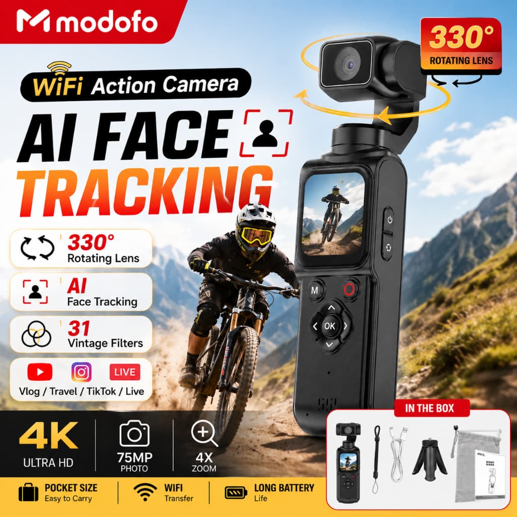 MODOFO Pocket Camera Vlog Camera 4K WiFi Action Camera AI Face Tracking ซูม18เท่า หมุนได้ 330° กล้อง 75MP Zoom Vlog บันทึกวิดีโอ รูปที่ 1