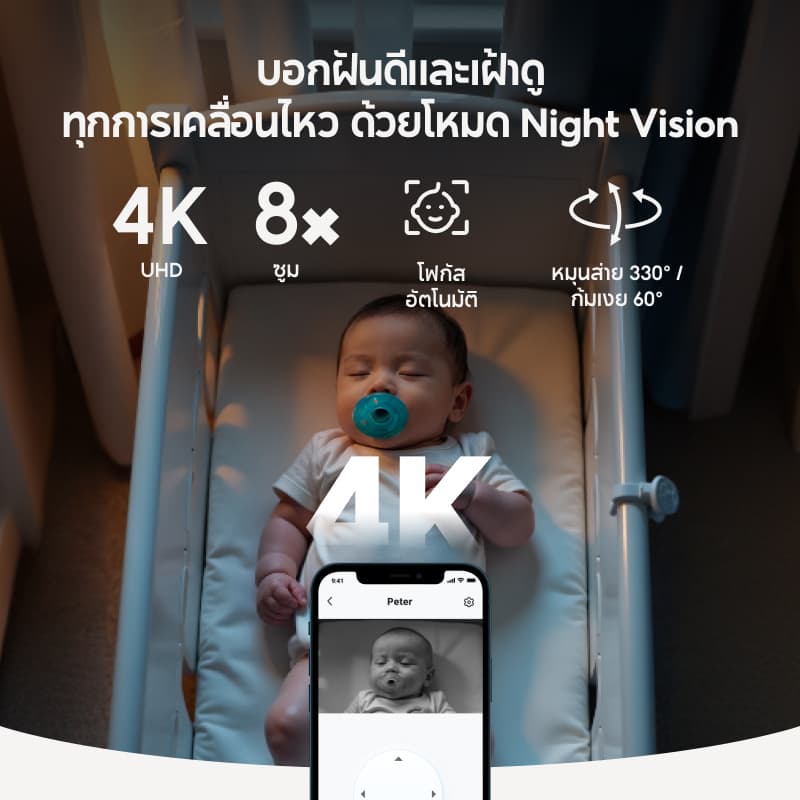 ANKER eufy E21 Baby Monitor 4K UHD พร้อมการตรวจสอบไฮบริดซูม 8X พร้อมการตรวจจับ AI และการแจ้งเตือน 24/7 การบันทึกพร้อมการป้องกันความเป็นส่วนตัวที่ปลอดภัยในสมัย รูปที่ 2