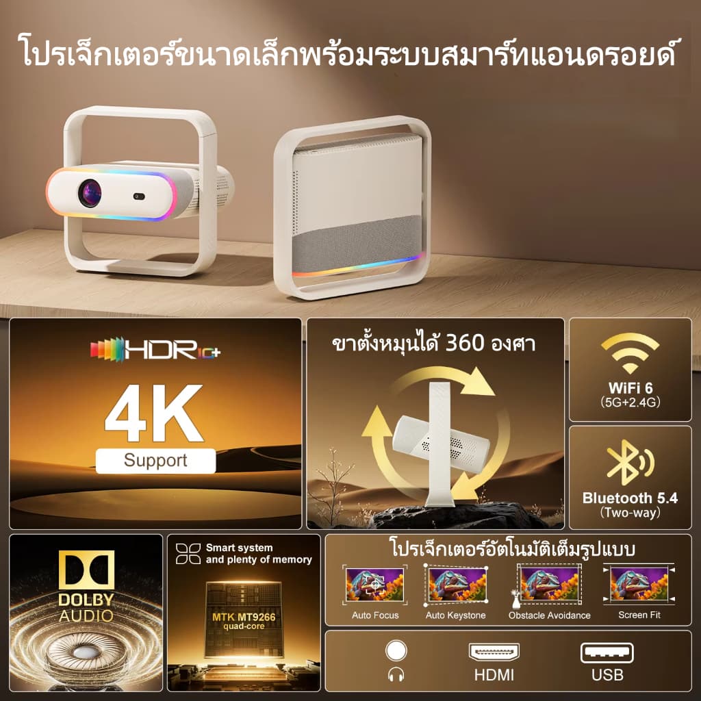 โปรเจคเตอร์ 4K โปรเจคเตอร์พกพาความละเอียดสูง มี YouTube/Netflix ในตัว ระบบปฏิบัติการ Android 13.0 เชื่อมต่อกับโทรศัพท์มือถือและคอมพิวเตอร์ รูปที่ 2