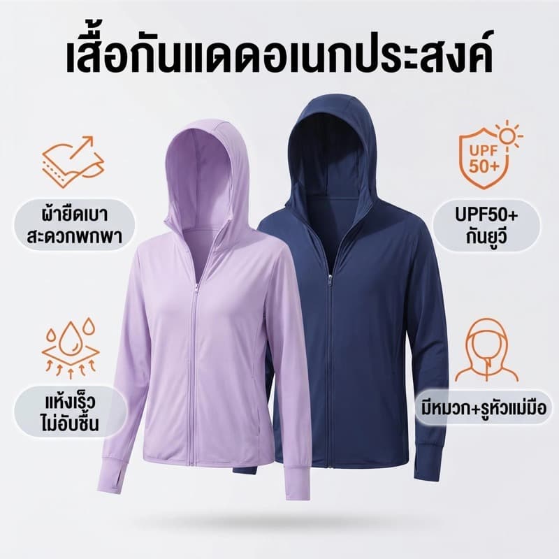 เสื้อคุมแขนยาวผู้หญิง เสื้อฮู้ดกันแดด UPF50+ กันรังสีUV เนื้อผ้าบางเบา ใส่สบาย กิจกรรมกลางแจ้ง รูปที่ 2