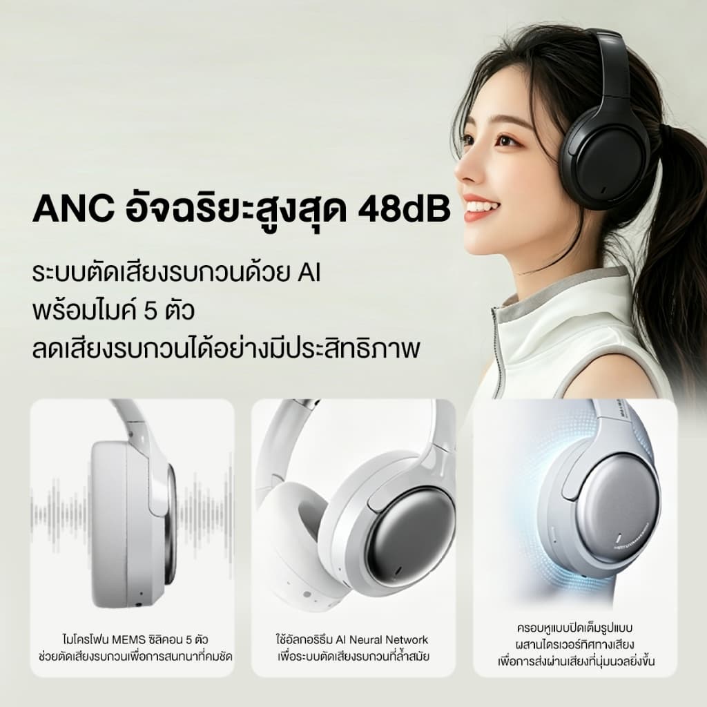 ROSESELSA Cambrian Hi-Res ANC หูฟัง 48dB การตัดเสียงรบกวน LDAC เสียง 100H แบตเตอรี่ Dual อุปกรณ์โหมดเกม Latency ต่ํา 5-Mic ENC Memory Foam Cushions รูปที่ 4