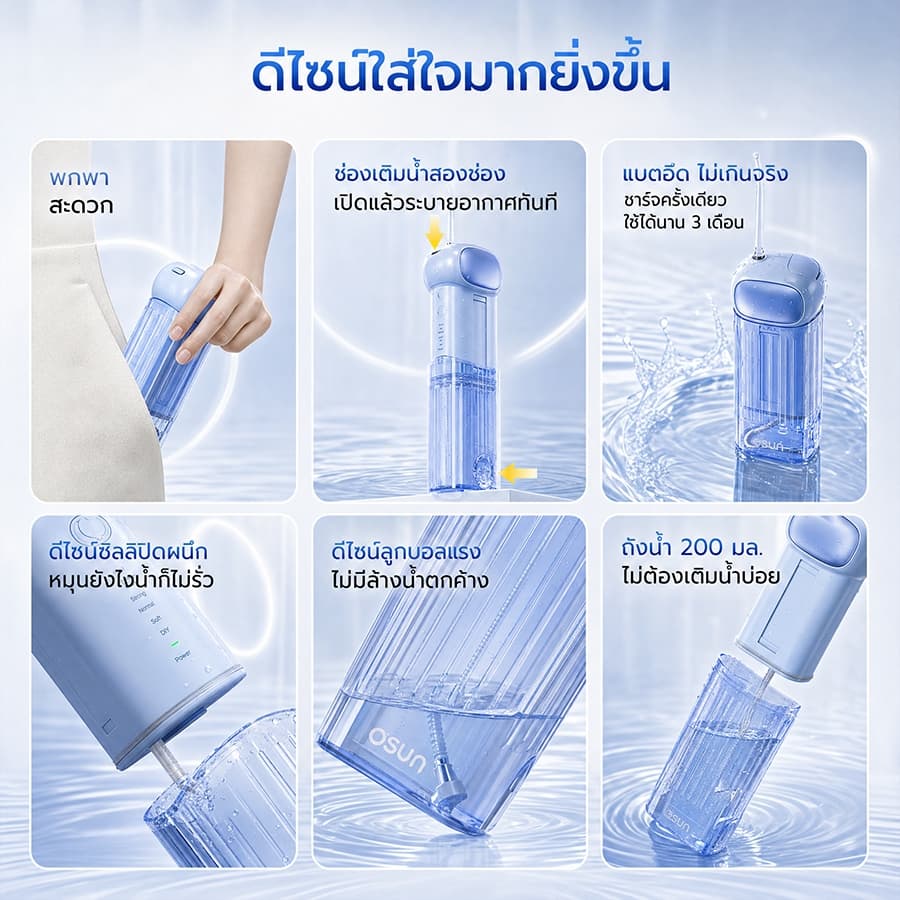 Osun F700 Water Flosser 3 โหมดทําความสะอาด oral care ไหมขัดฟันน้ํา, เครื่องชลประทานในช่องปาก รับประกันคุณภาพ 5 ปี รูปที่ 9