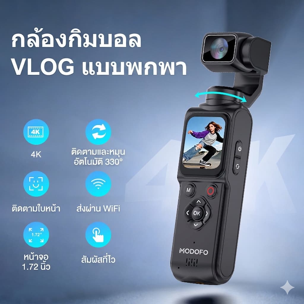 MODOFO Pocket Camera Vlog Camera 4K WiFi Action Camera AI Face Tracking ซูม18เท่า หมุนได้ 330° กล้อง 75MP Zoom Vlog บันทึกวิดีโอ รูปที่ 9
