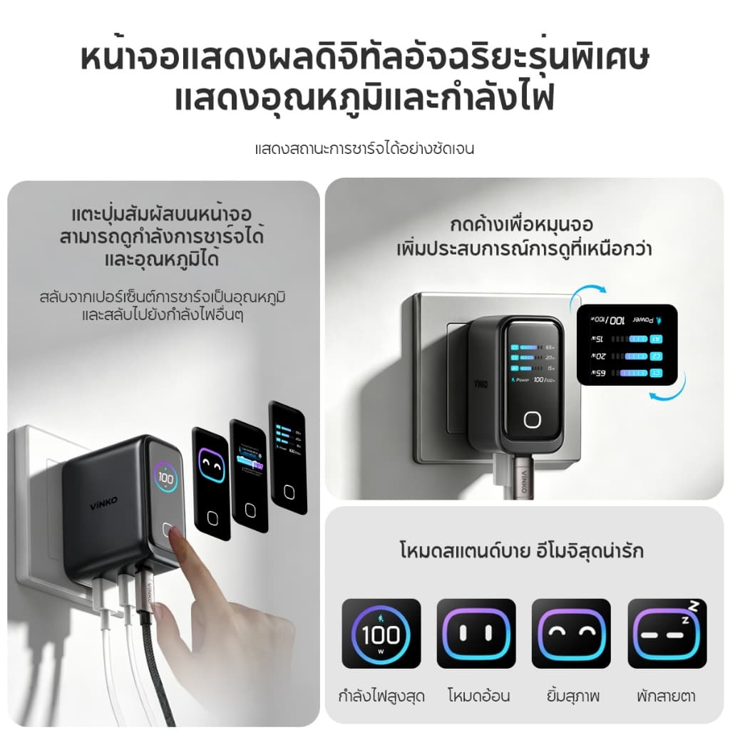 VINKO 45W/100W Max GaN AI Smart Charger หัวชาร์จเร็ว USB-C+USB-A สาย Type-C รองรับ PD3.2 QC3.0 PPS for สำหรับ Samsung Galaxy S25 iPhone Android รูปที่ 6