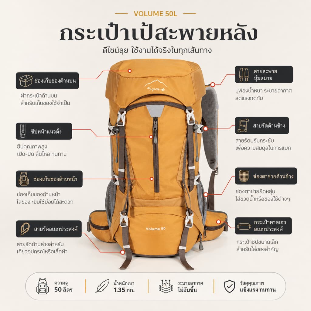 SPORT 50L กระเป๋าปีนเขากลางแจ้งความจุขนาดใหญ่เดินป่าเดินทางกระเป๋าเป้สะพายหลังกันน้ํา รูปที่ 4
