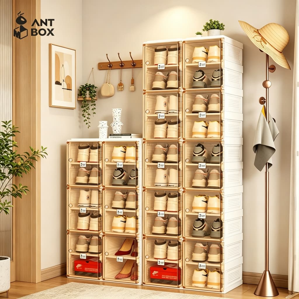 ANTBOX [พร้อมส่ง !! ] กล่องใส่รองเท้า 2 แถว ติดตั้งง่าย พับเก็บได้ มีหลายช่องเก็บ ประตูแม่เหล็ก แข็งแรงทนทาน กันน้ำกันแดด