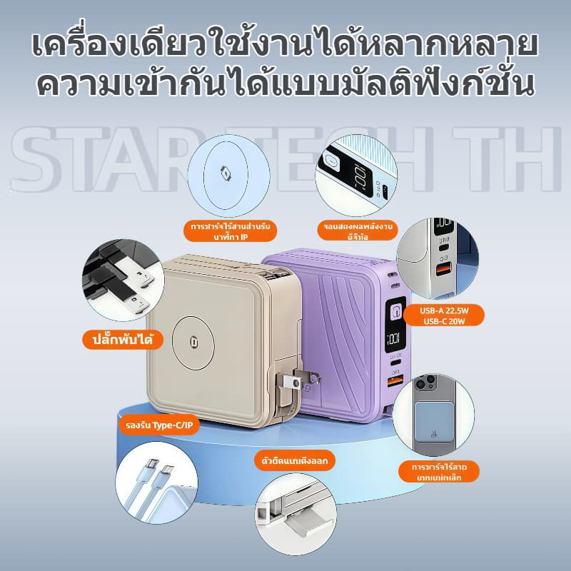 STAR TECH KC68 powerbank พาวเวอร์แบงค์ 20000mAh/30000mAh พาวเวอร์แบงค์ชาร์จเร็ว Fast Charge PD22.5W มีสายในตัว หน้าจอ LED ปลั๊กไฟ AC แบตเตอรี่สำรอง 充电宝 รูปที่ 2