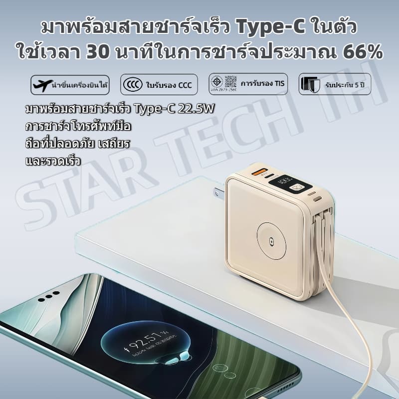STAR TECH KC68 powerbank พาวเวอร์แบงค์ 20000mAh/30000mAh พาวเวอร์แบงค์ชาร์จเร็ว Fast Charge PD22.5W มีสายในตัว หน้าจอ LED ปลั๊กไฟ AC แบตเตอรี่สำรอง 充电宝 รูปที่ 3
