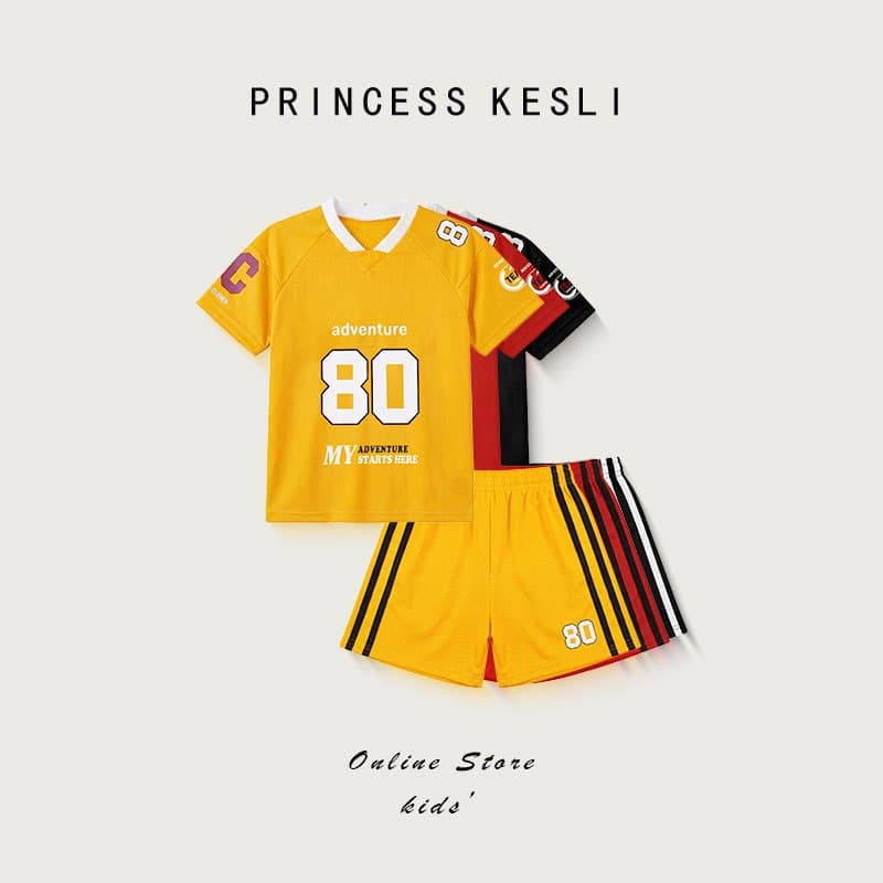 Princess Kesli ชุดกีฬาเด็ก ชุดเซทเสื้อแขนสั้น+กางเกงขาสั้น ฤดูร้อน ชุดบอลเด็กผู้หญิง ชุดกีฬาเด็ก 2-12 ปี รูปที่ 1