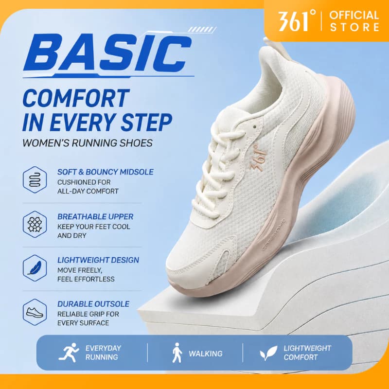 361 Degrees BASIC รองเท้าวิ่งกีฬาสำหรับผู้หญิง ทำจากผ้าตาข่ายระบายอากาศ สวมใส่สบาย น้ำหนักเบา รองรับแรงกระแทกได้ดี 682612222 รูปที่ 1