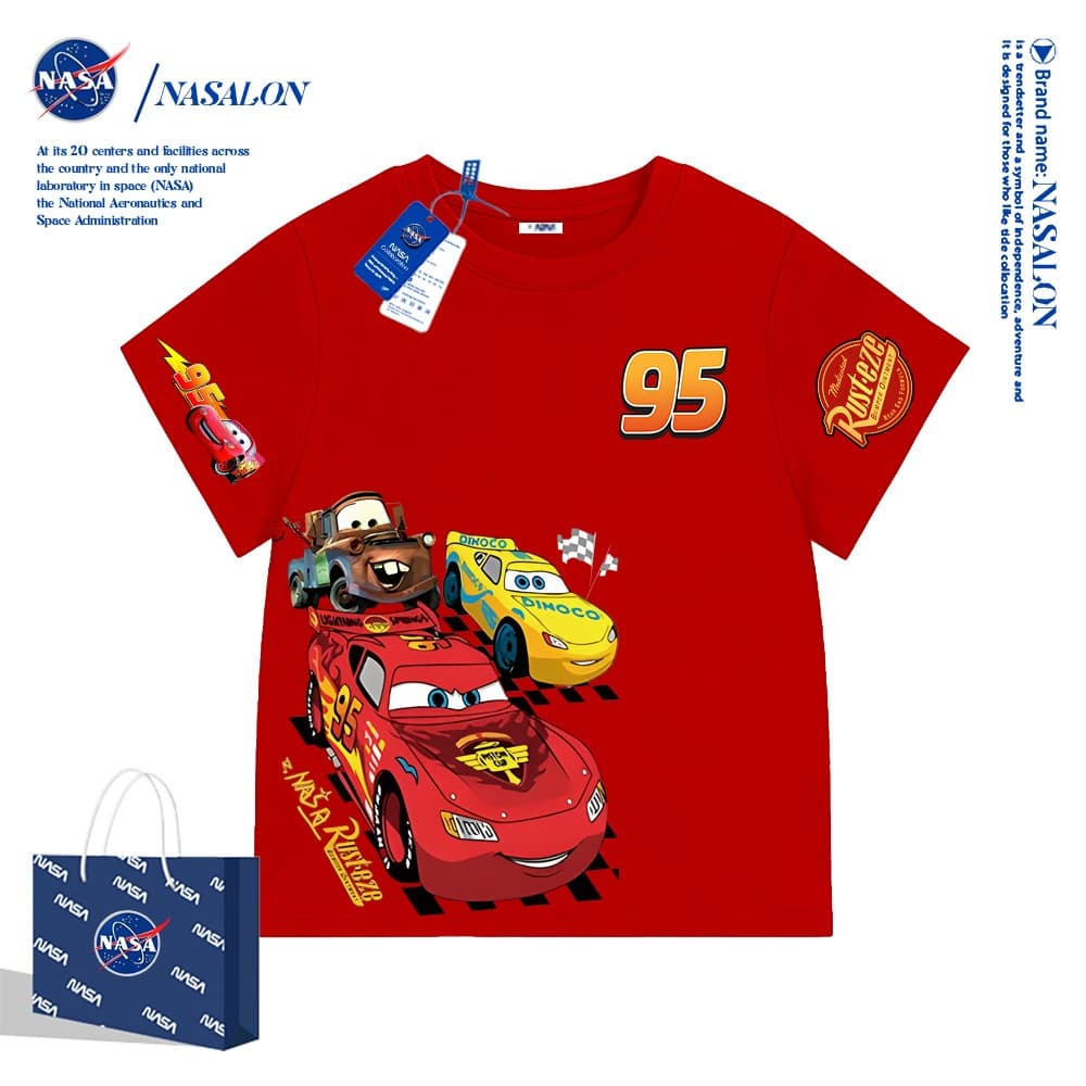 NASA เสื้อยืดเด็กแขนสั้น ผ้าฝ้าย 100% เสื้อเด็กผู้ชาย Lightning McQueen ลายการ์ตูน ระบายอากาศดี สำหรับเด็กอายุ 1-12 ปี รูปที่ 1