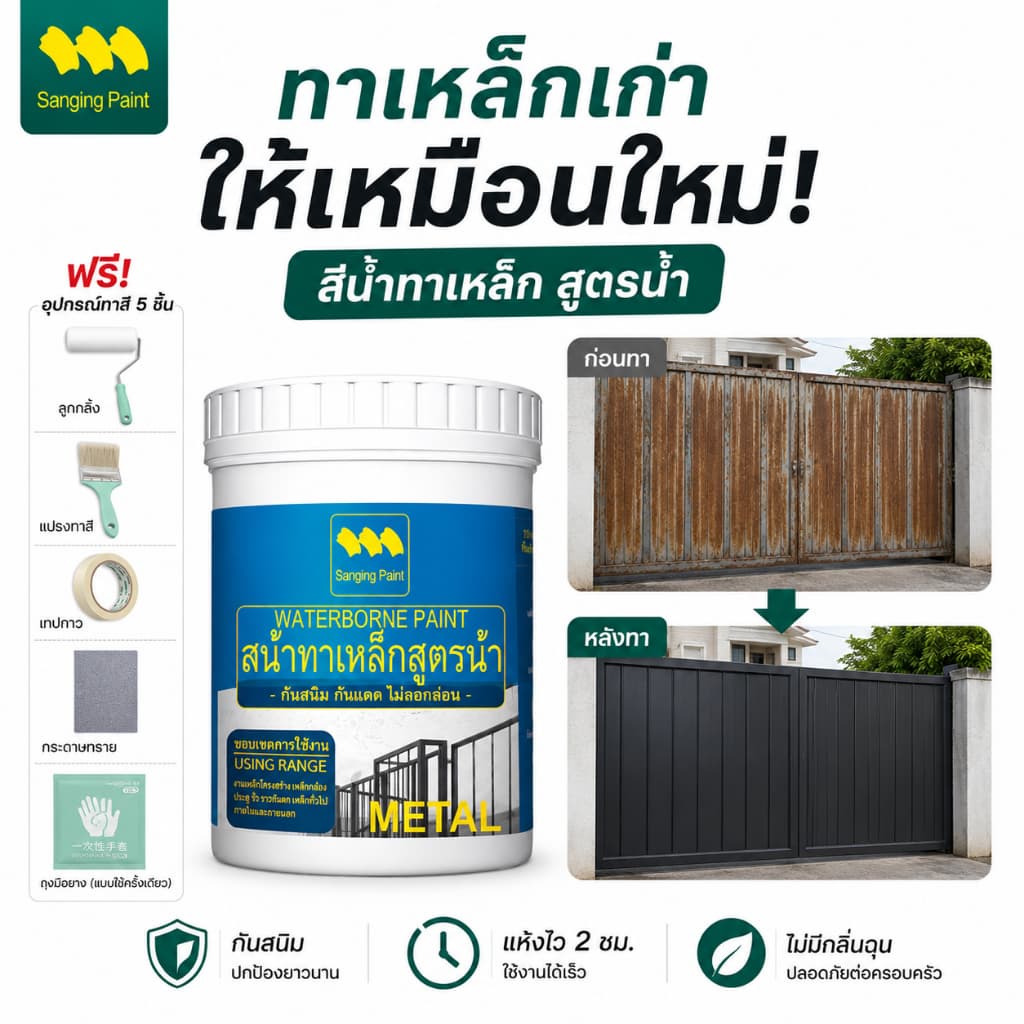 SANQING สีทาเหล็กกันสนิม กันน้ำ กันแดด แห้งเร็ว สีสด ทนนาน ใช้ได้ทั้งใน-นอกบ้าน สำหรับประตูเหล็ก รั้วเหล็ก หลังคาเหล็ก รูปที่ 2