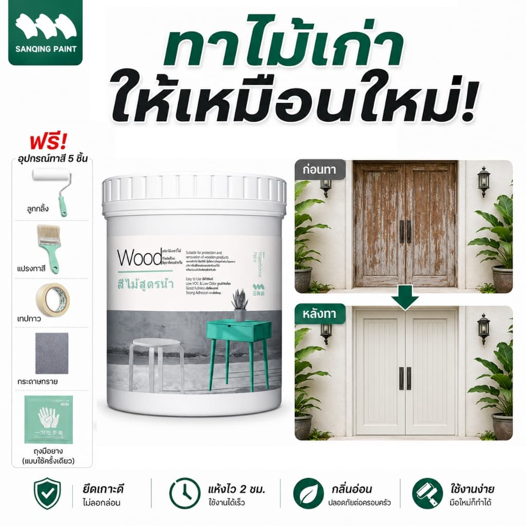 SanQing Paint สีน้ำทาไม้ สีทาไม้ กันน้ำ กันรา แห้งเร็ว ไม่มีกลิ่น เปลี่ยนสีเฟอร์นิเจอร์ ประตู หน้าต่าง ใช้ภายในภายนอก แถมอุปกรณ์ทาสี สีขาว สีชมพู สีพาสเทล