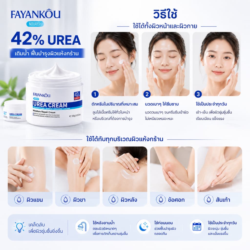 FAYANKOU Urea Cream 100g ครีมบำรุงผิว ให้ความชุ่มชื้นอย่างล้ำลึก ฟื้นฟูเกราะป้องกันผิว ลดรอยแตกแห้ง รูปที่ 6