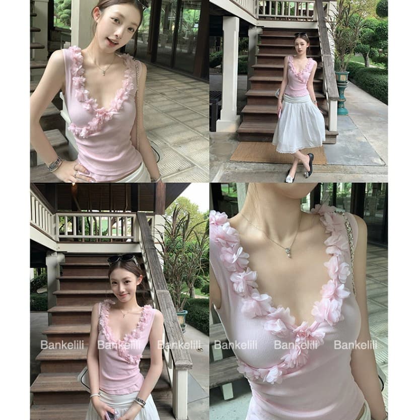 เสื้อสายเดี่ยวผู้หญิง V-Neck ดอกไม้ สีชมพู, เสื้อครอปท็อป สไตล์เกาหลี ฤดูร้อน 2026 รูปที่ 7