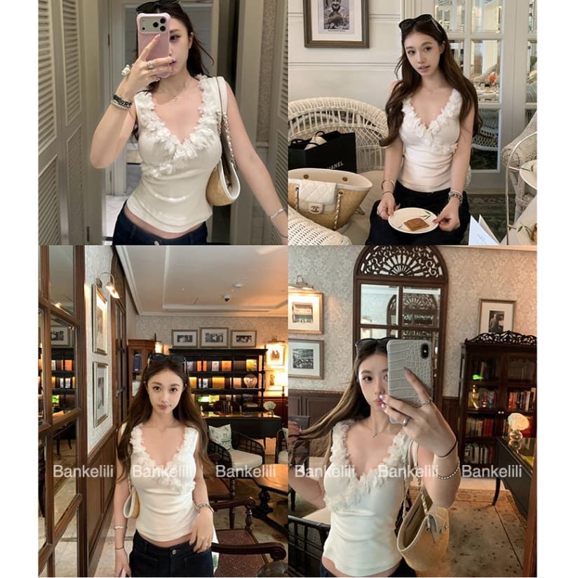 เสื้อสายเดี่ยวผู้หญิง V-Neck ดอกไม้ สีชมพู, เสื้อครอปท็อป สไตล์เกาหลี ฤดูร้อน 2026 รูปที่ 8