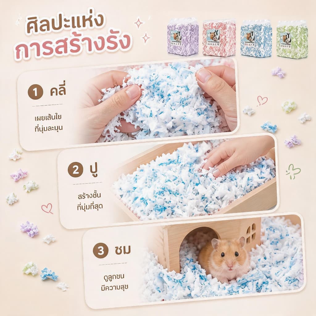 Petlusci กระดาษรองกรงสีสันสดใส 450G เยื่อไม้ธรรมชาติ ไร้ฝุ่น นุ่มฟู สำหรับแฮมสเตอร์ เม่นแคระ รองกรงผสมดอกไม้ รูปที่ 5