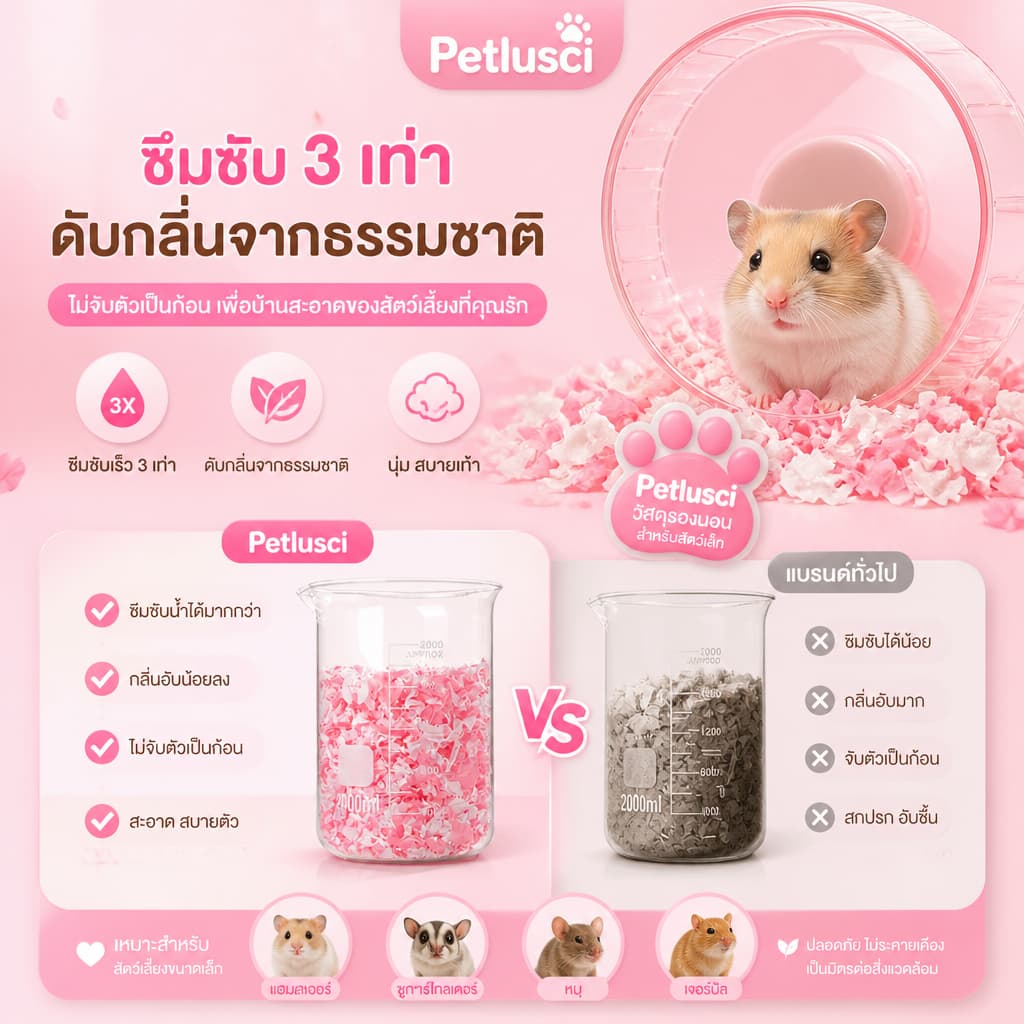 Petlusci กระดาษรองกรงสีสันสดใส 450G เยื่อไม้ธรรมชาติ ไร้ฝุ่น นุ่มฟู สำหรับแฮมสเตอร์ เม่นแคระ รองกรงผสมดอกไม้ รูปที่ 3