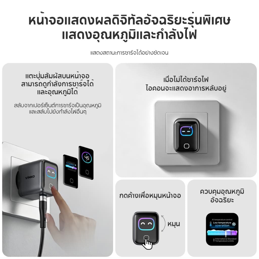 VINKO 45W/100W Max GaN AI Smart Charger หัวชาร์จเร็ว USB-C+USB-A สาย Type-C รองรับ PD3.2 QC3.0 PPS for สำหรับ Samsung Galaxy S25 iPhone Android รูปที่ 2