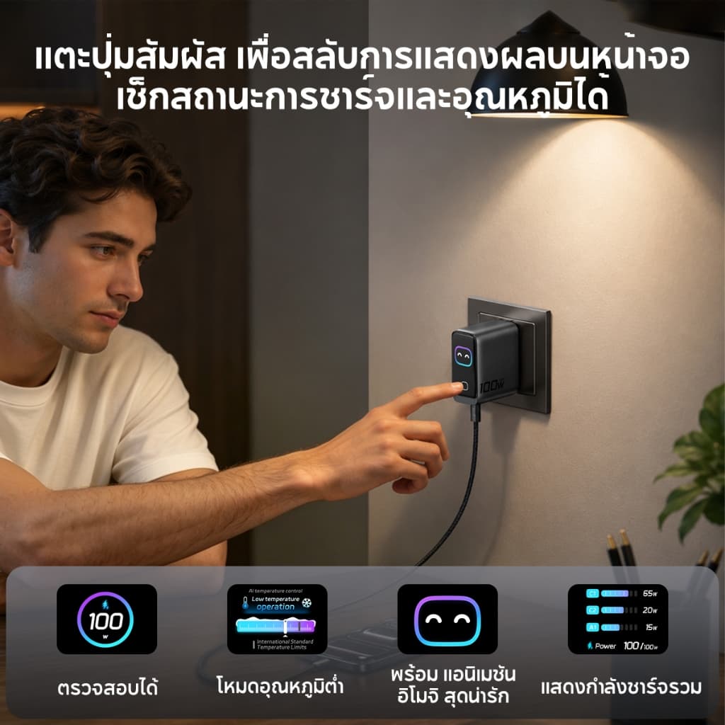 VINKO 45W/100W Max GaN AI Smart Charger หัวชาร์จเร็ว USB-C+USB-A สาย Type-C รองรับ PD3.2 QC3.0 PPS for สำหรับ Samsung Galaxy S25 iPhone Android รูปที่ 7