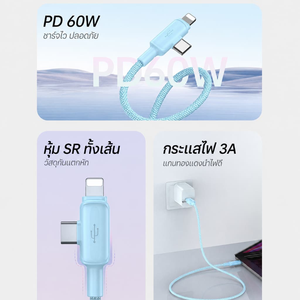 Awei สายชาร์จ 4-in-1 PD 60W Fast Charging Cable USB-A 2 Type-C สายถักไนลอน รูปที่ 4